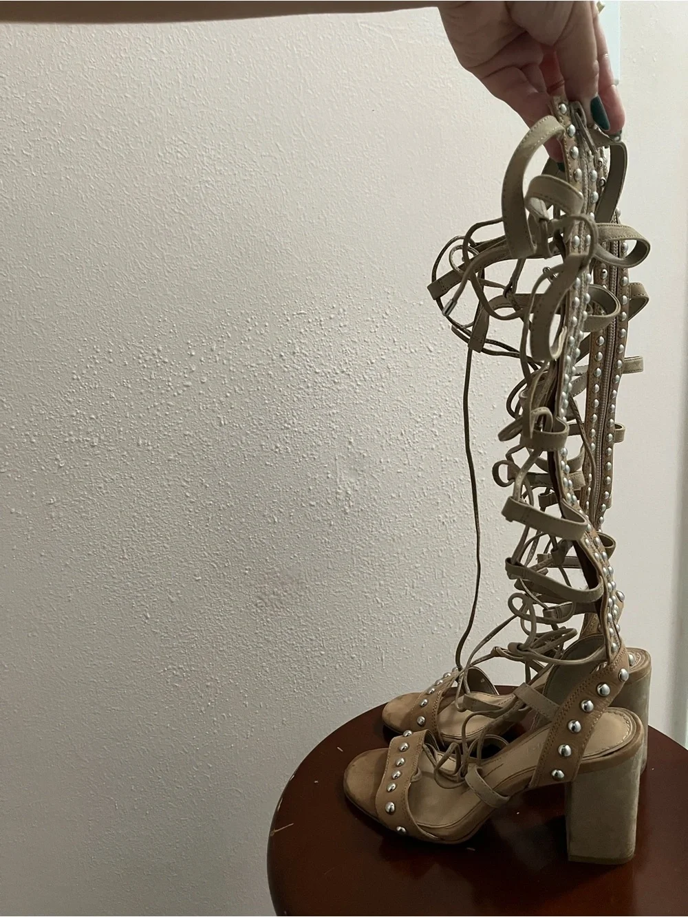 Gianni Bini Beige Lace-Up Studded Gladiator Heeled Sandals - Picture 4 of 4